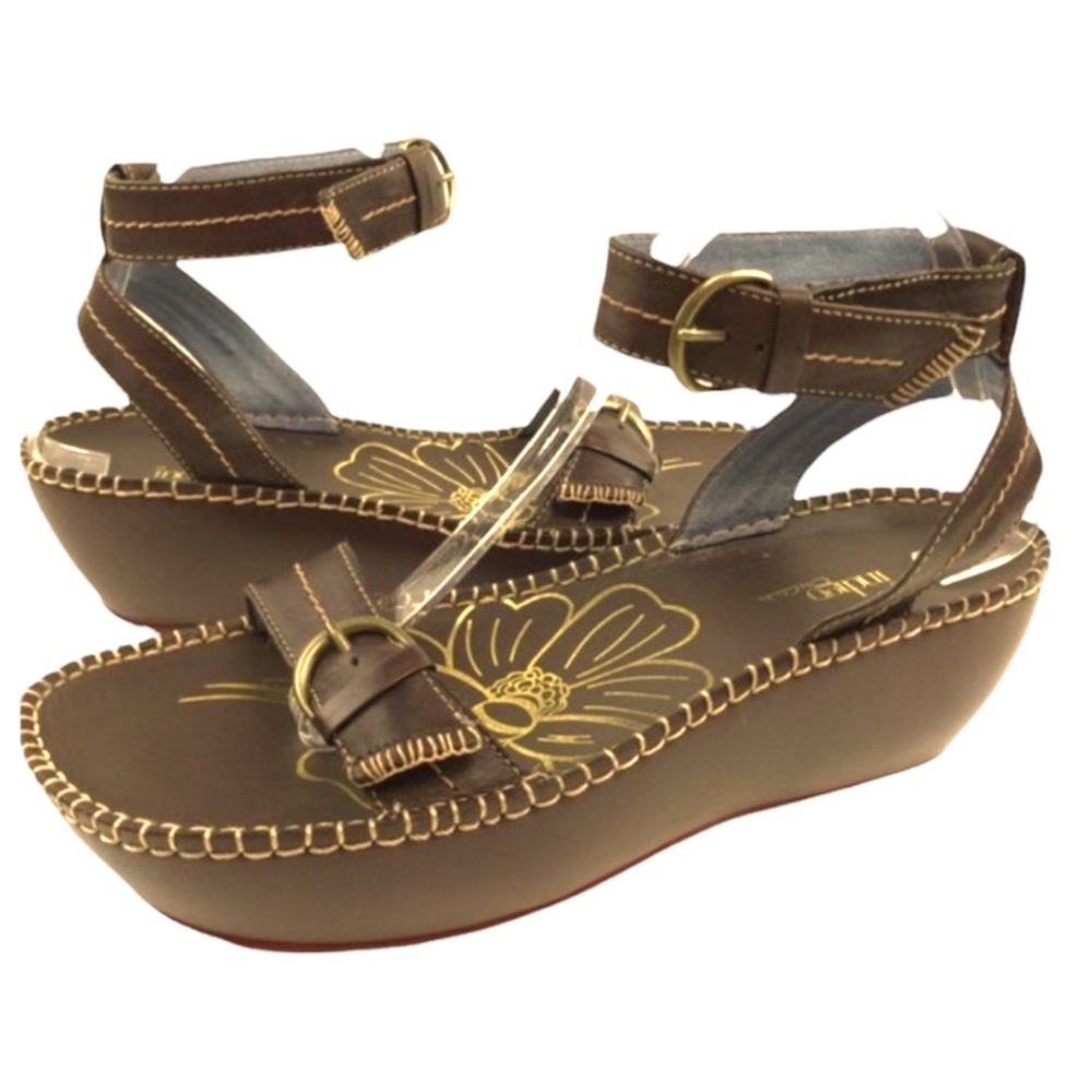 Indigo By Clarks Chocolate Brown Leather Ankle Strap Platform Wedge Sandals